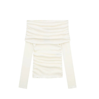 HH 2025 Woman Sexy Off Shoulder Long Sleeve T-Shirts Cotton Top New Women Short Ruched Simple Basic Translucent Tshirts