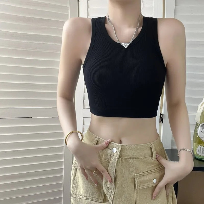 Women Tank Top Built In Bras Women Sports Bras Top With Chest Pads Shockproof Round Neck Crop Top Comfort Camisole