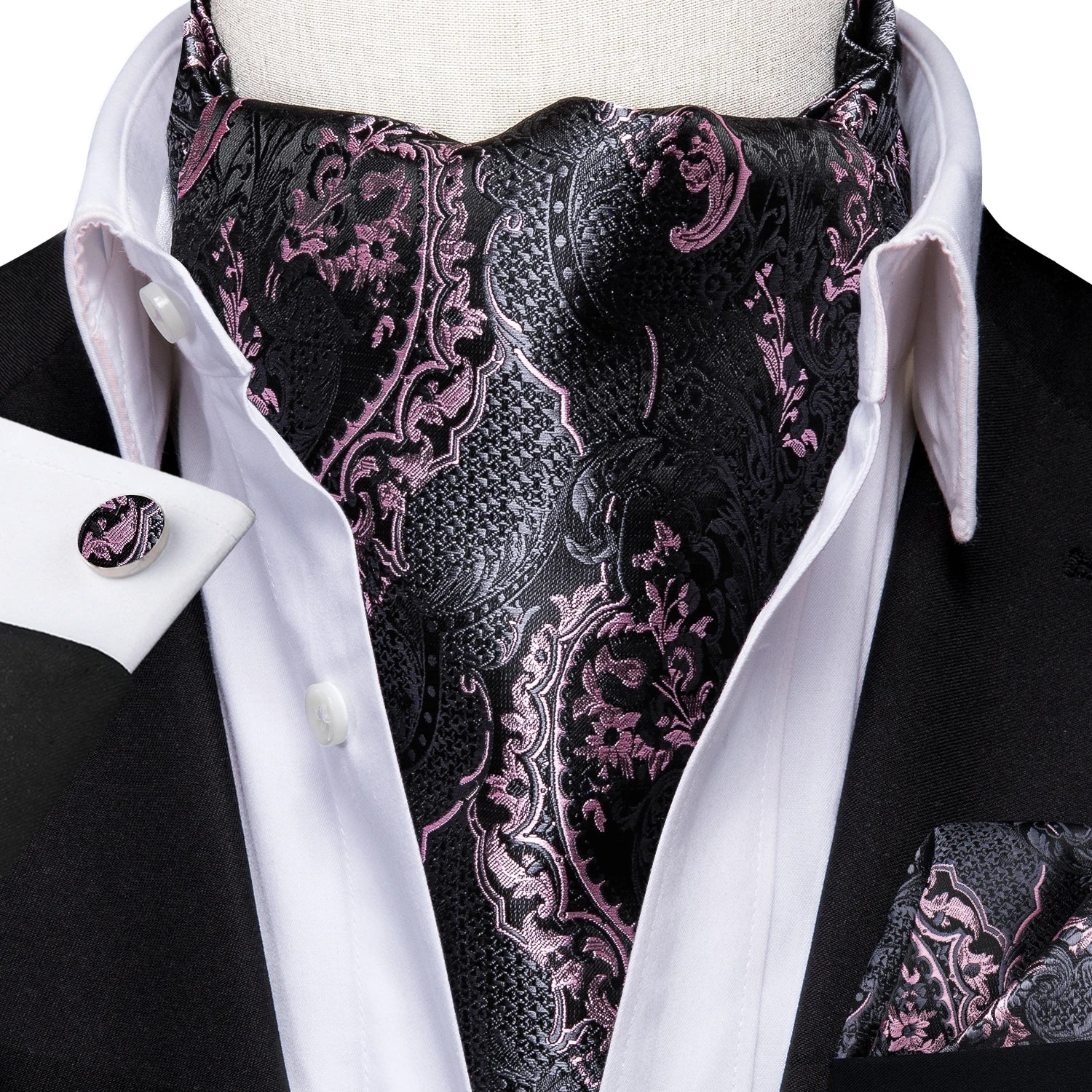 Hi-Tie Silk Mens Ascot Hanky Cufflinks Set Black Yellow White Paisley Cravat Tie Vest Dress Ascots Self Vintage Jacquard Woven