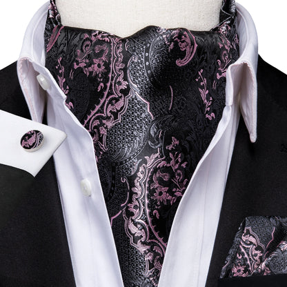 Hi-Tie Silk Mens Ascot Hanky Cufflinks Set Black Yellow White Paisley Cravat Tie Vest Dress Ascots Self Vintage Jacquard Woven