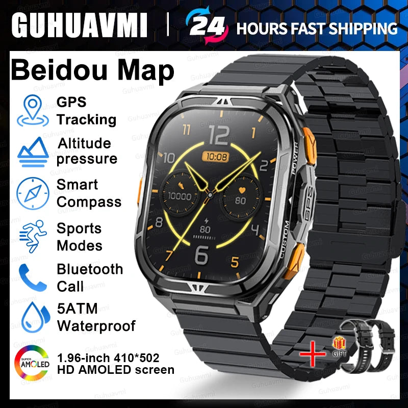 New GUHUAVMI TANK X5 SmartWatch MIL-STD-810H Rugged IP69K 5ATM L1+L5 GPS 1.96" AMOLED Compass OutdoorSport Watch for Android iOS