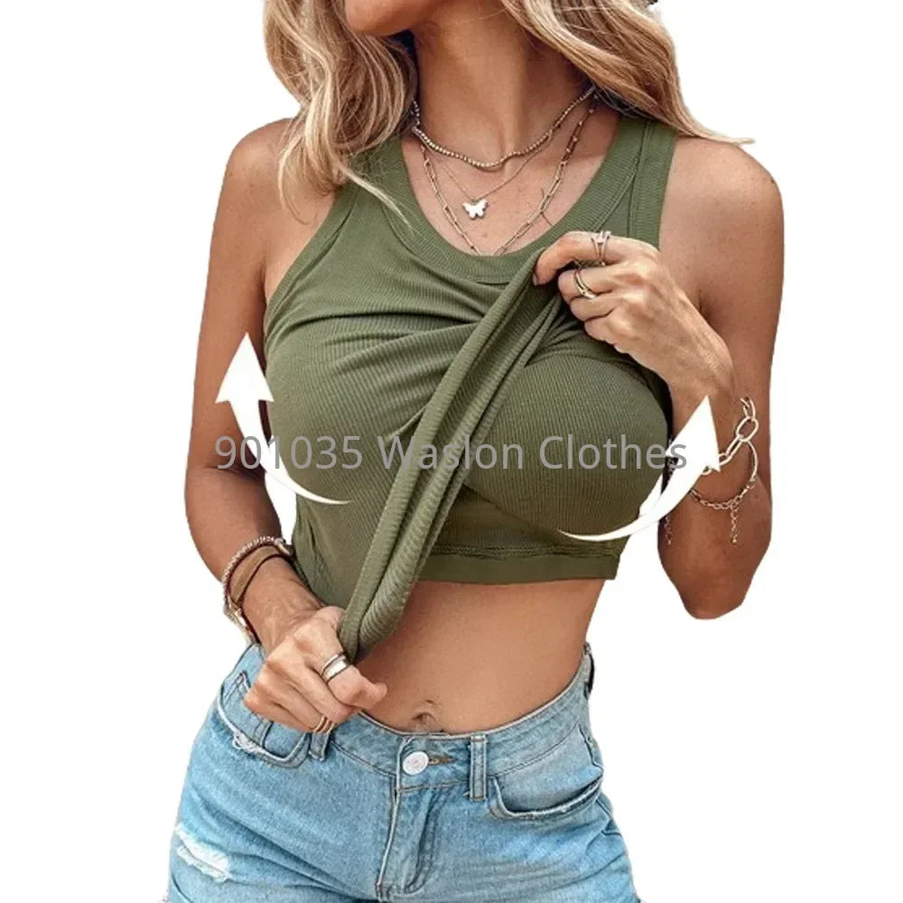 Fashion Tank Top Women Clothing Summer New Round Neck Ribbed with Bra Pads Casual Solid Color Sleeveless Tops for Female