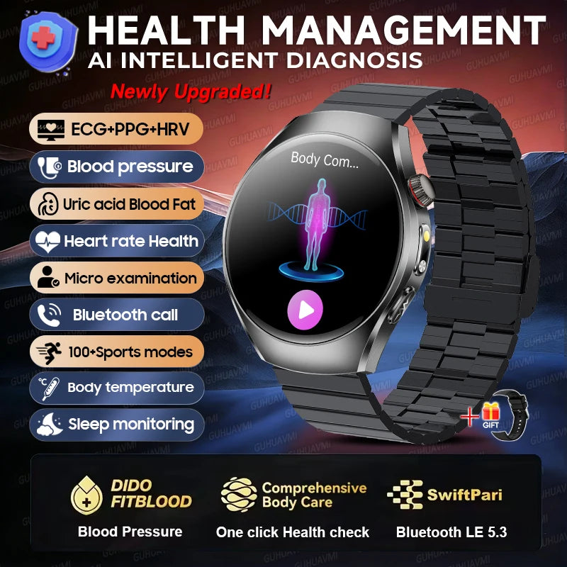 2026 New Accurate Body Health analysis Smart Watch Men ECG Blood lipids Uric acid Blood Pressure Body Fat Voice Call Smartwatch