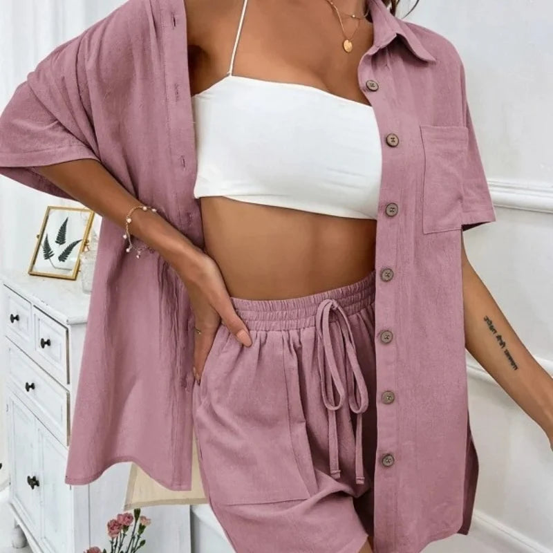 2025 summer new comfortable short-sleeved thin satin shirt shorts suit