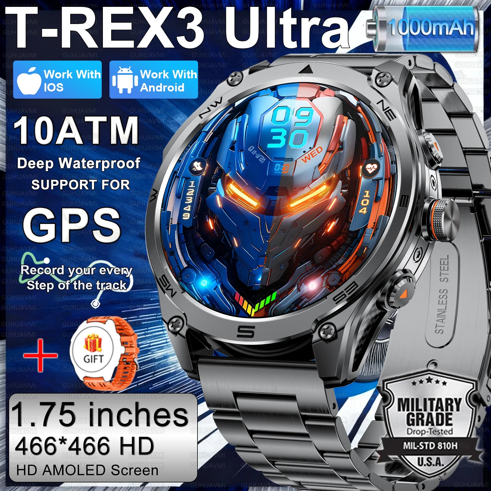 T-Rex 3 ULtra Military Grade 1000mAh Battery Smart Watch 10ATM Waterproof GPS call AMOLED HD Men 100+Sports 2025 New Smart watch