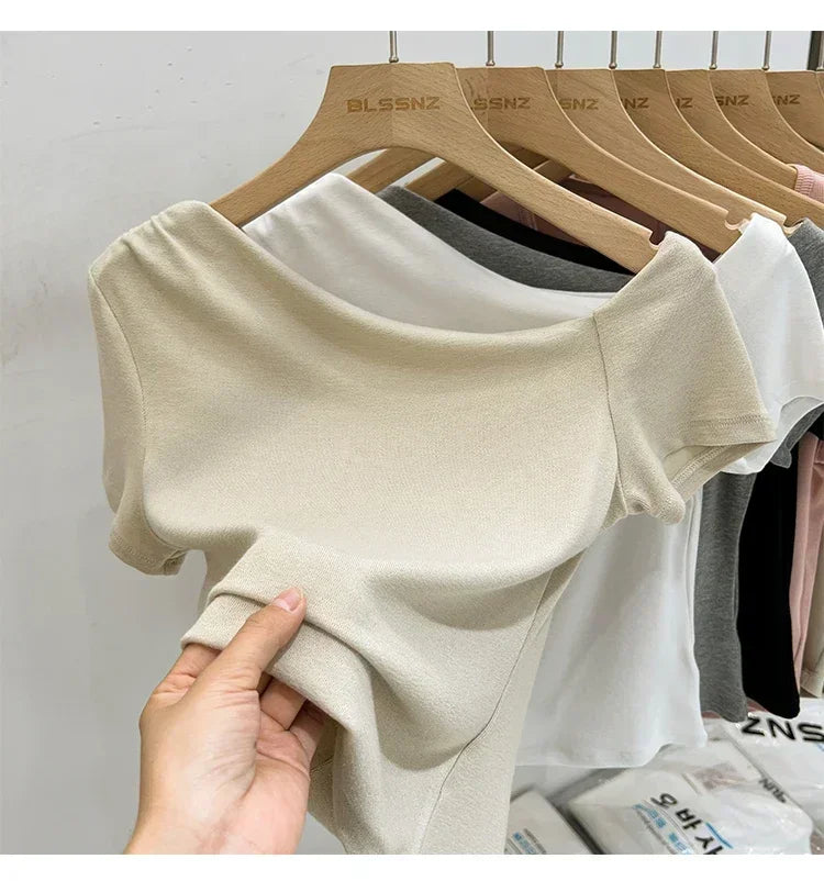 Womens Long Sleeve Off Shoulder T Shirts 2026 Tight Knit Sexy Slim Fitted Casual Women&