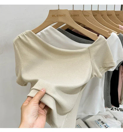 Womens Long Sleeve Off Shoulder T Shirts 2026 Tight Knit Sexy Slim Fitted Casual Women&
