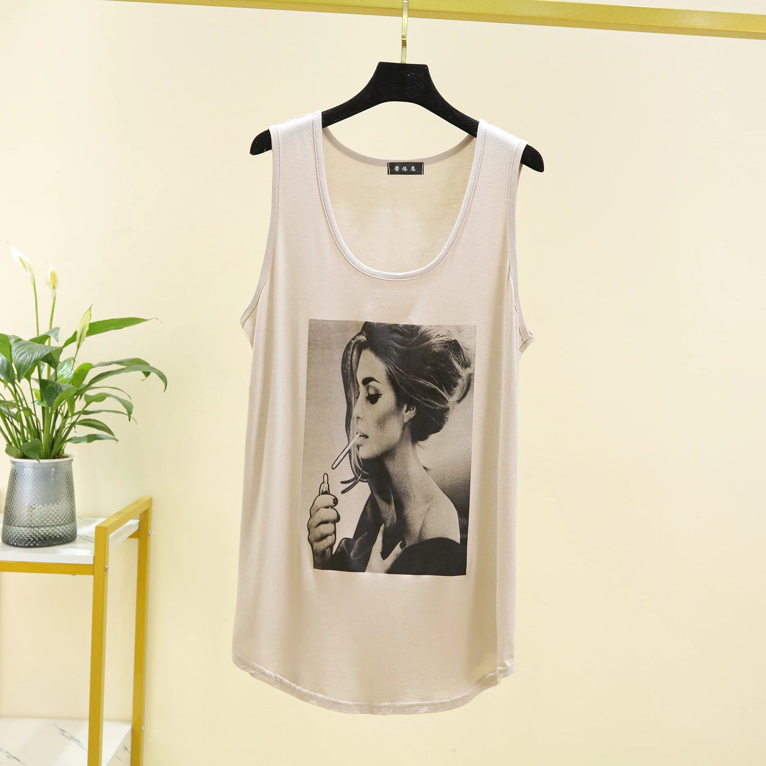 Women Long Tank Tops O-Neck Fashion Print Beauty&