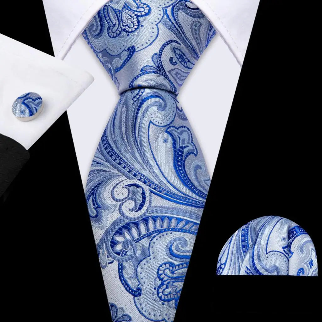 Barry.Wang Navy Royal Sky Blue Silk Men Tie Hanky Cufflinks Set Jacquard Teal Cyan Turquoise Necktie for Male Wedding Business