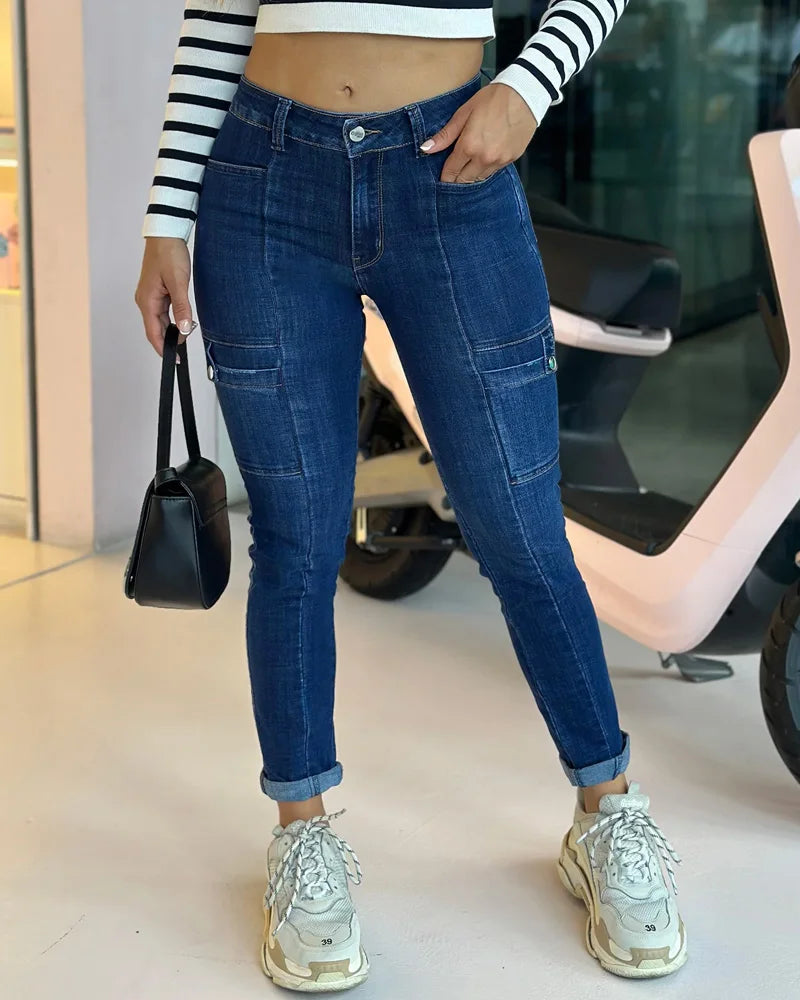 Women Y2K Cargo Pants Streetwear Slimming Jeans Female Casual Low Waist Denim Pants Blue Trousers Stretch Plus Size All Season