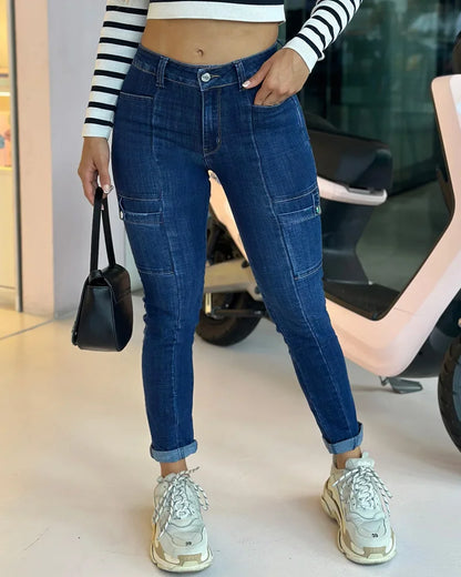 Women Y2K Cargo Pants Streetwear Slimming Jeans Female Casual Low Waist Denim Pants Blue Trousers Stretch Plus Size All Season