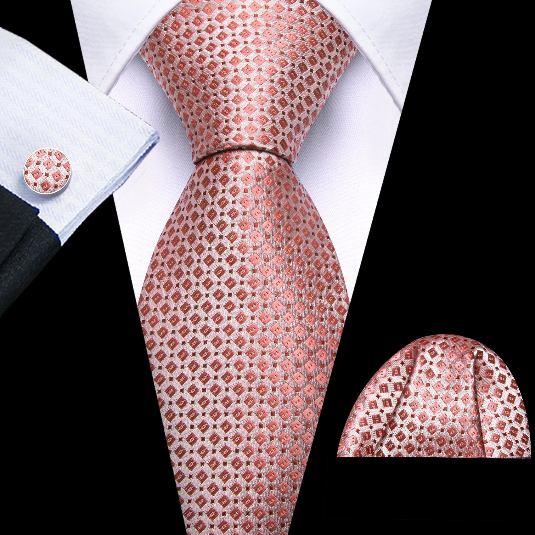 Barry.Wang Jacquard Watermelon &amp; Peach Pink Men Tie With Pocket Square Cufflinks Set Exquisiet Necktie For Male Wedding Business