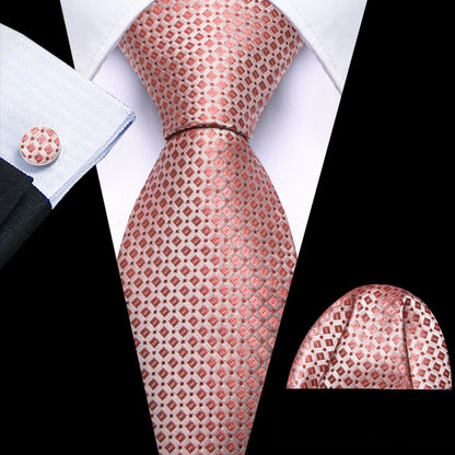 Barry.Wang Jacquard Watermelon &amp; Peach Pink Men Tie With Pocket Square Cufflinks Set Exquisiet Necktie For Male Wedding Business