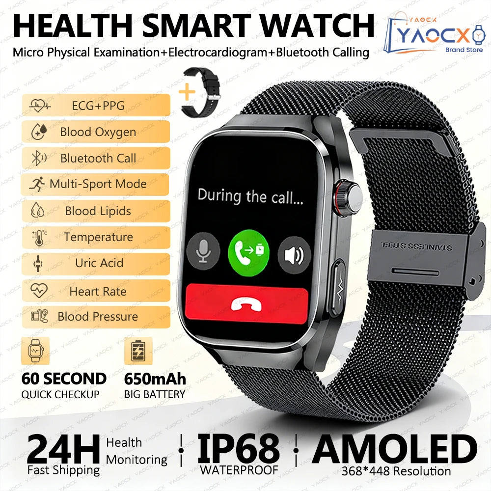 2026 New Smart Watch 2.04-inch AMOLED Screen Bluetooth Call IP68 Waterproof 650mA Sports Smartwatches Men Android Military-Grade