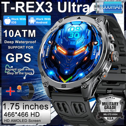T-Rex 3 ULtra Military Grade 1000mAh Battery Smart Watch 10ATM Waterproof GPS call AMOLED HD Men 100+Sports 2025 New Smart watch