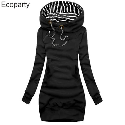 Hoodie Dress Casual Solid Colour Long Sleeve Drawstring Hoodie Dress Slim Hooded Pullover Sweatshirt Dress