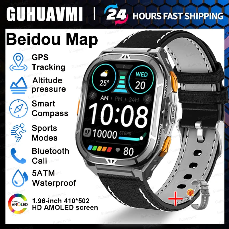 New GUHUAVMI TANK X5 SmartWatch MIL-STD-810H Rugged IP69K 5ATM L1+L5 GPS 1.96" AMOLED Compass OutdoorSport Watch for Android iOS
