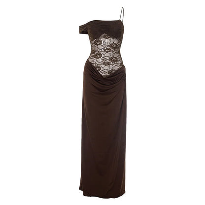 Mozision One Shoulder Lace See Through Sexy Maxi Dress Women Gown Fashion Off-shoulder Sleeveless Backless Club Long Dresses