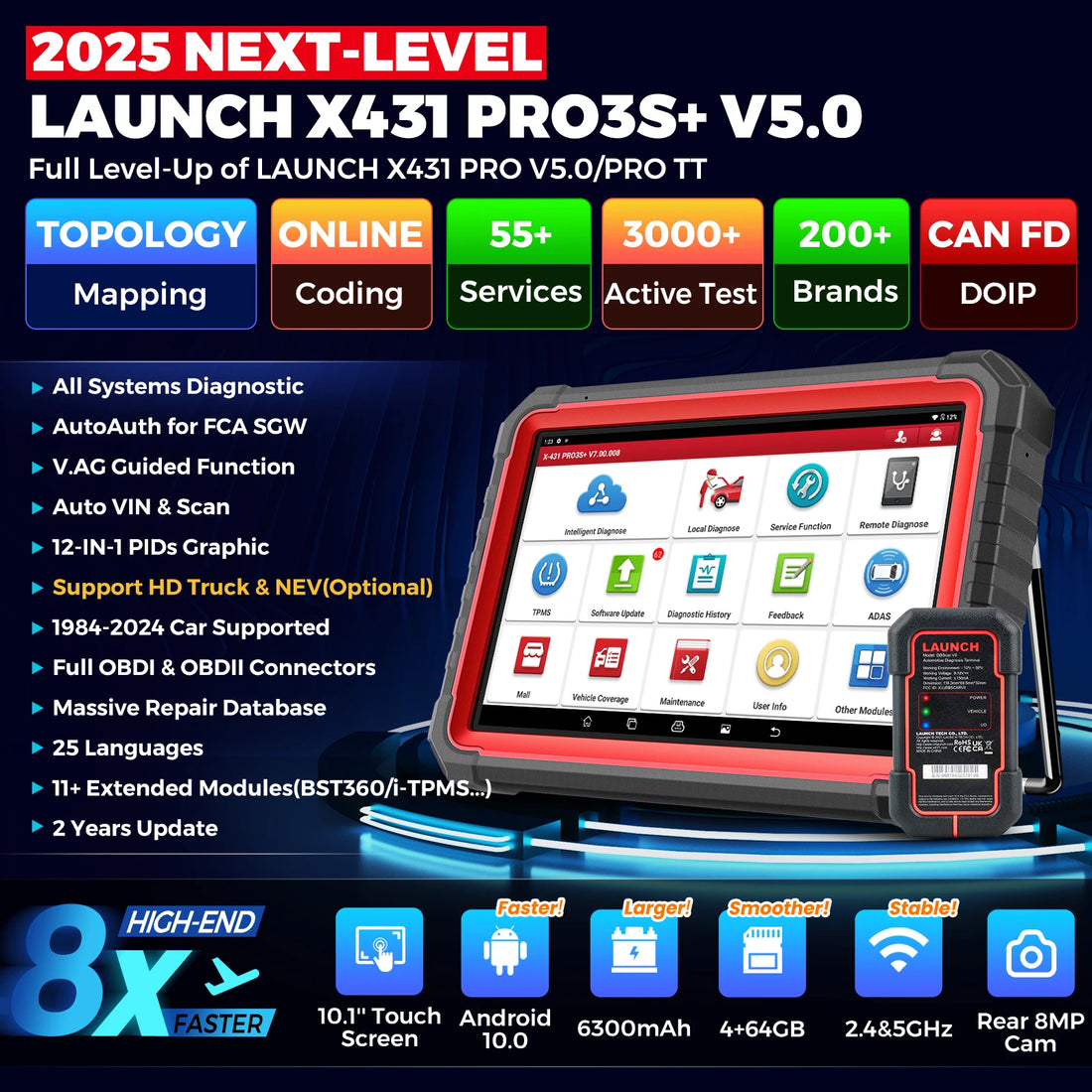 LAUNCH X431 PRO3S+ V5.0 Online Coding Auto Diagnostic Tools Bidirectionnal Control All Service OBD2 Scanner FCA DOIP CANFD