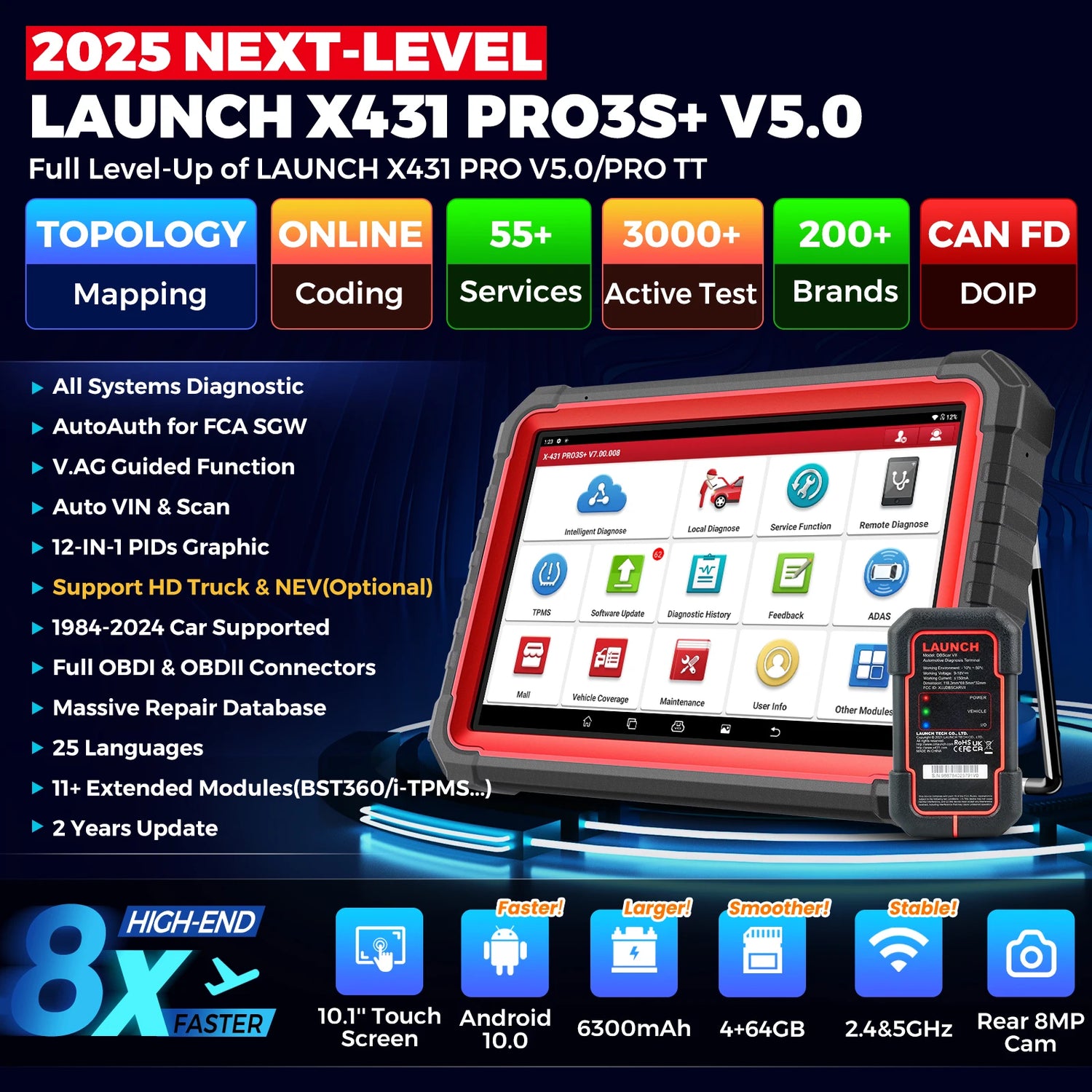 LAUNCH X431 PRO3S+ V5.0 Online Coding Auto Diagnostic Tools Bidirectionnal Control All Service OBD2 Scanner FCA DOIP CANFD