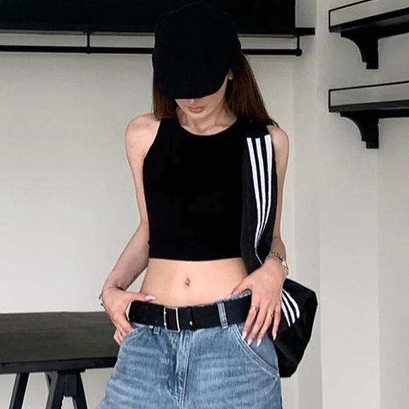 Y2K Backless Crop Top for Women Sleeveless Sexy Cute Black Vest Tank Top Summer Fashion Cropped Vest 2000s Style Female Clothing