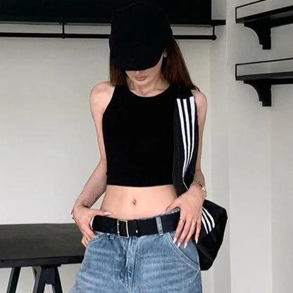 Y2K Backless Crop Top for Women Sleeveless Sexy Cute Black Vest Tank Top Summer Fashion Cropped Vest 2000s Style Female Clothing