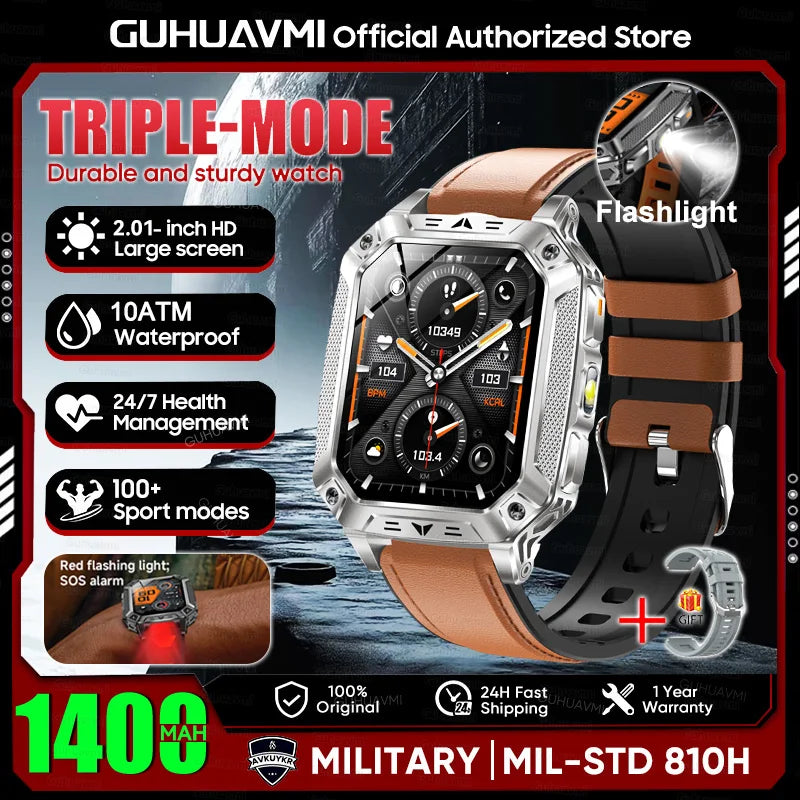 New Rugged Military Smart Watch Men 1400 mAh battery 2.01inch AMOLED Bluetooth Call 10ATM Waterproof LED flashlight Smart watch