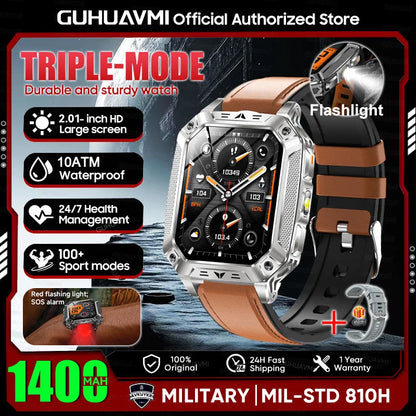 New Rugged Military Smart Watch Men 1400 mAh battery 2.01inch AMOLED Bluetooth Call 10ATM Waterproof LED flashlight Smart watch