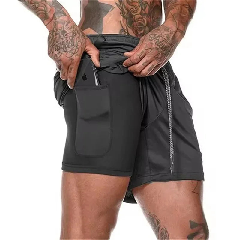 Men Fitness Built-in pocket sports Shorts Summer 2 In 1 Quick Dry Gym Beach shorts Running Double-deck Shorts mesh sweatpants