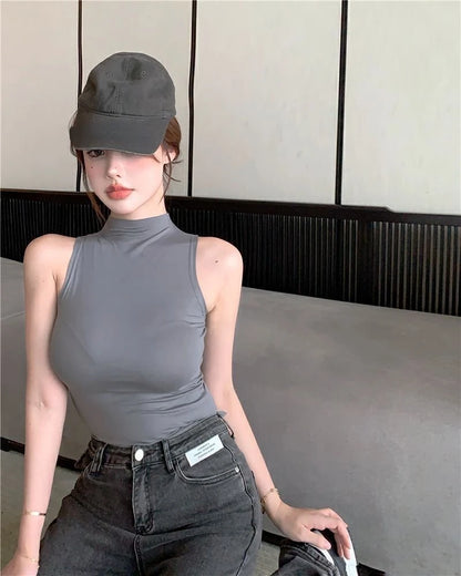 Sexy Tank Top Solid Halter Crop Tops Women Summer Camis Turtleneck Camisole Fashion Casual Tube Female Sleeveless Cropped Vest