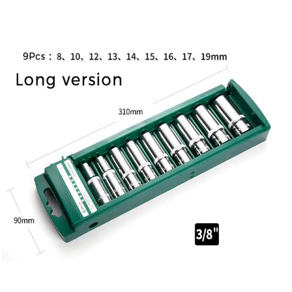Hex Socket Wrench Head Set 1/4 3/8 1/2 Short Long Socket Deep Nut Driver Sleeve Spanner End Ratchet Tool With Holder