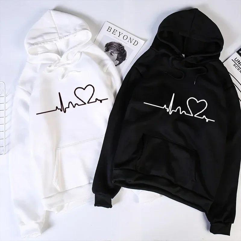 Women Casual Hoodies Heartbeat Print Men&