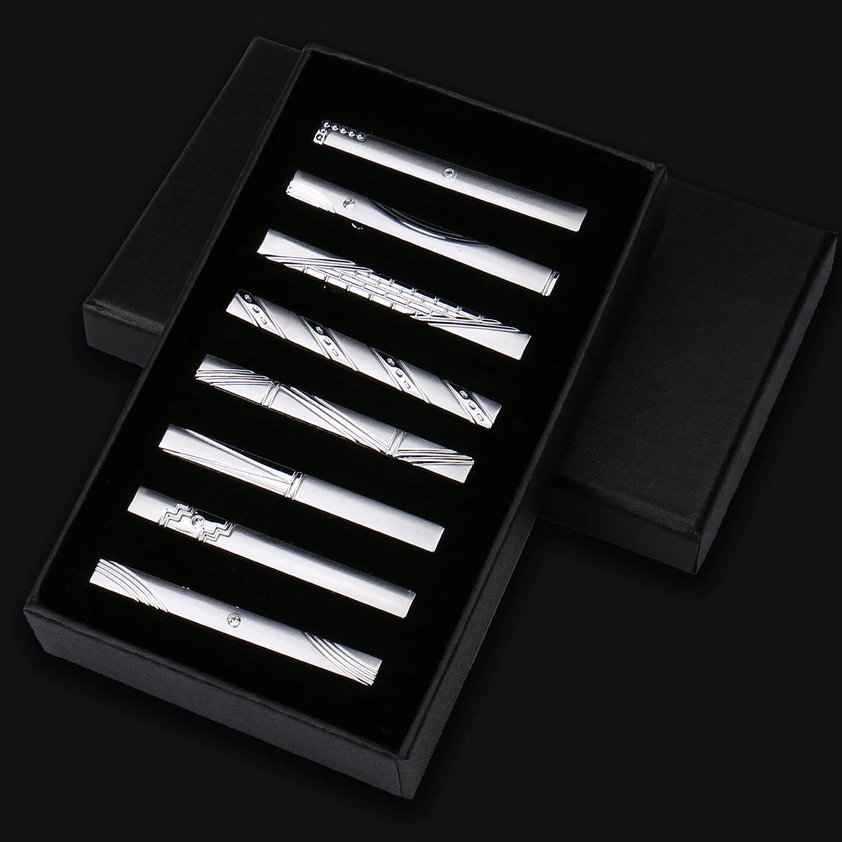 8pcs Tie Clips Metal Diamond With Box For Men Wedding Mens Necktie Clips Set Chrome Stainless Steel Jewelry Gentleman Ties Pin