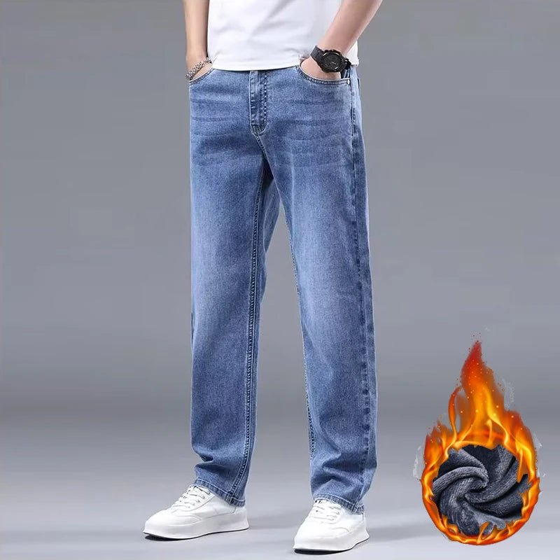 Men New Fleece Lined Thickened Jeans Male Winter Loose Straight Slim Fit Denim Pants High End Casual Elasticity Trousers