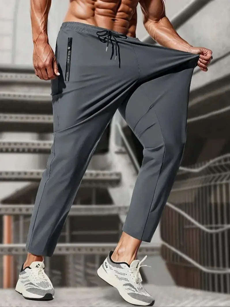 Men High Elasticity Ice Silky Joggers with Zipper Pockets Breathable Stretchy Athletic Pants for Running Gym and Outdoor Activit