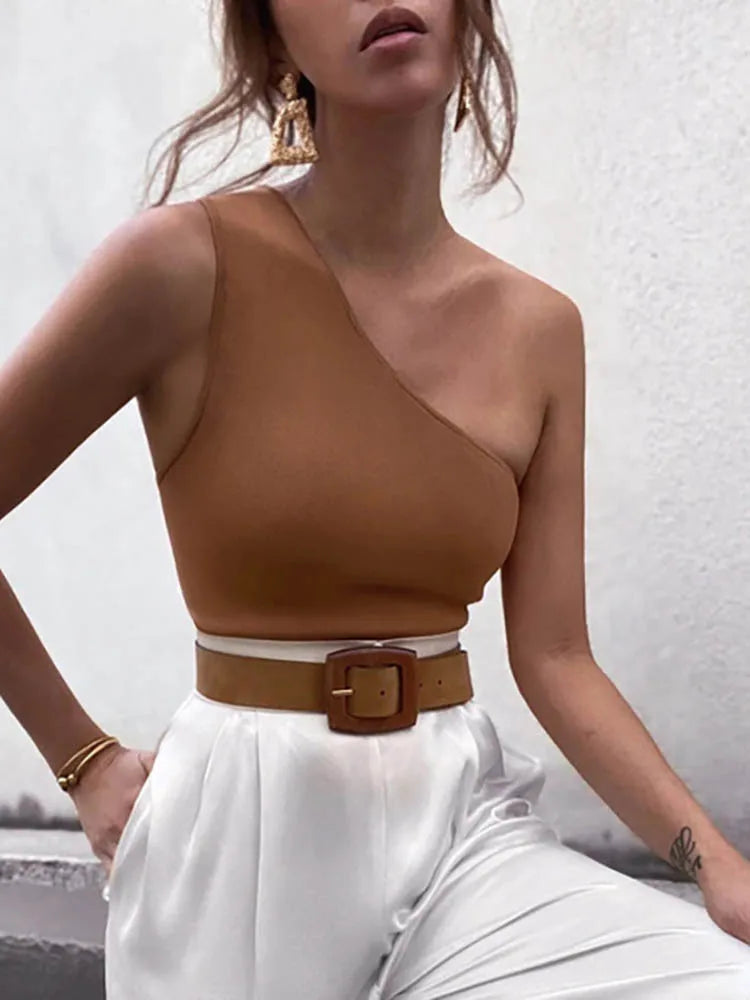 Sexy Off One Shoulder Cutout Halter Tank Top Solid Color Crop Tops Women Sleeveless Cropped Vest Camis Tube Top Female