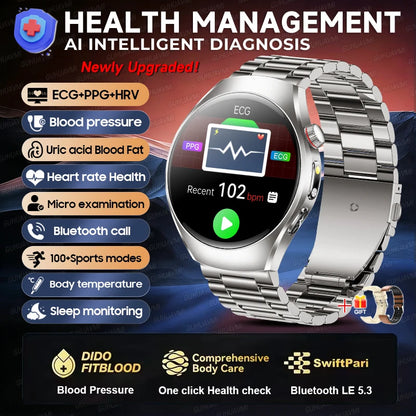 2026 New Accurate Body Health analysis Smart Watch Men ECG Blood lipids Uric acid Blood Pressure Body Fat Voice Call Smartwatch