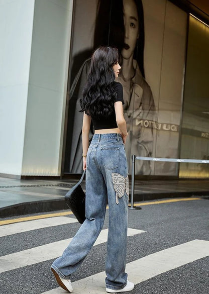 Womens Jeans High Waist Shot Denim Pants for Women Graphic Straight Leg Butterfly Trousers with Print Pattern Basics Z on Sale A