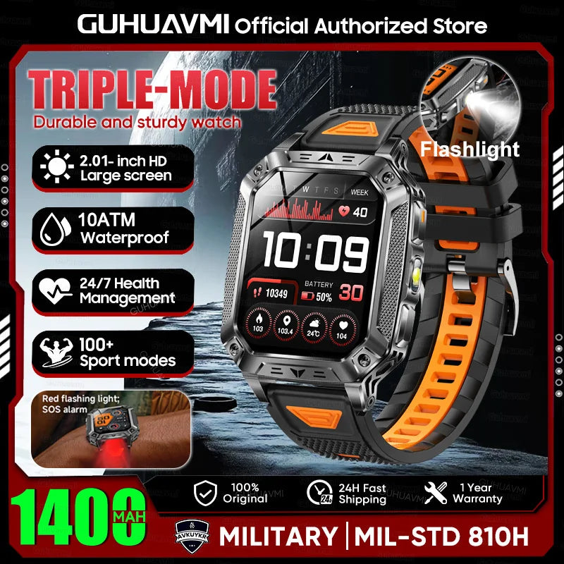 New Rugged Military Smart Watch Men 1400 mAh battery 2.01inch AMOLED Bluetooth Call 10ATM Waterproof LED flashlight Smart watch
