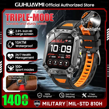 New Rugged Military Smart Watch Men 1400 mAh battery 2.01inch AMOLED Bluetooth Call 10ATM Waterproof LED flashlight Smart watch