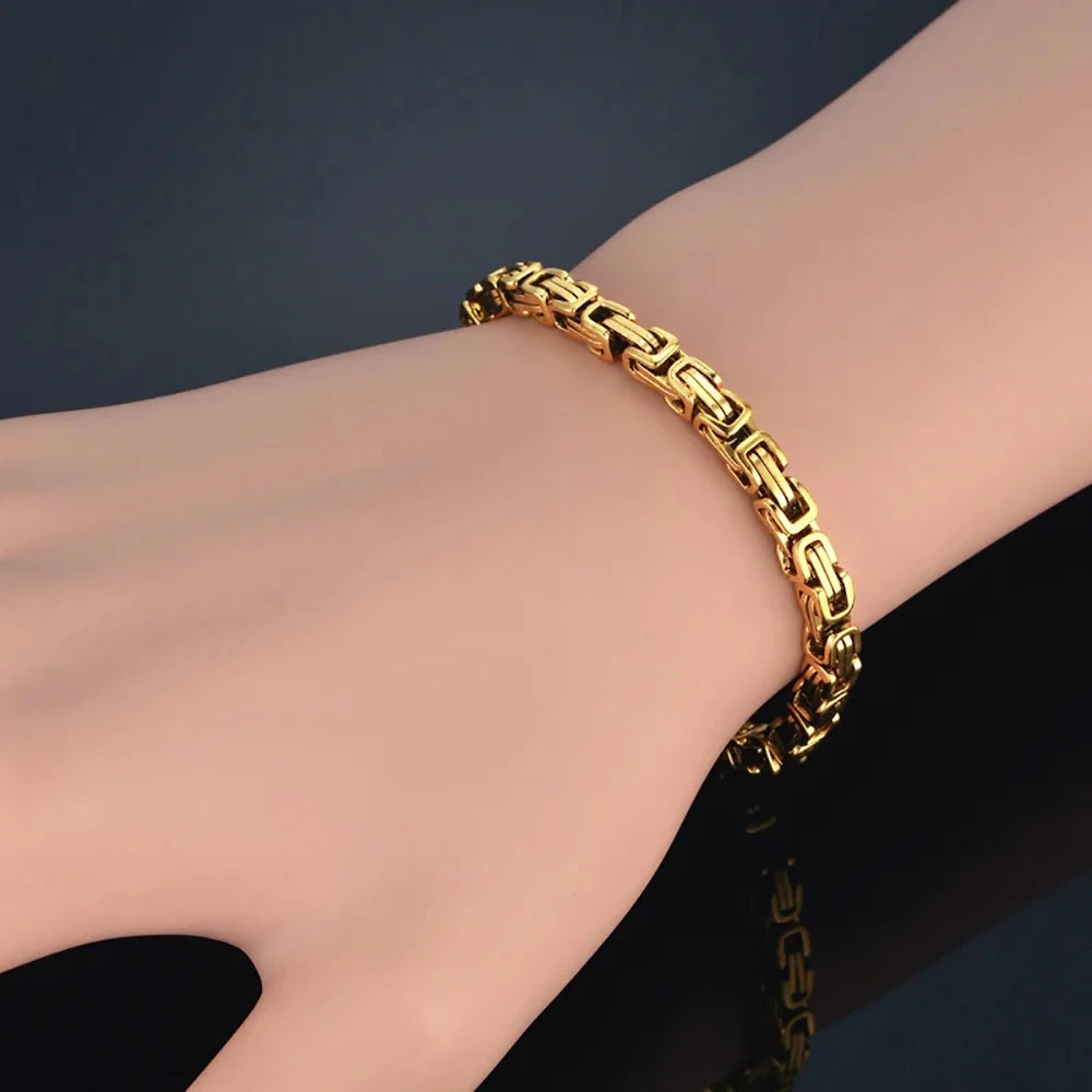 Gold Color Stainless Steel 4mm Byzantine Link Chain Bracelets Necklace For Women Men Fashion Party Wedding Jewelry Sets Gifts