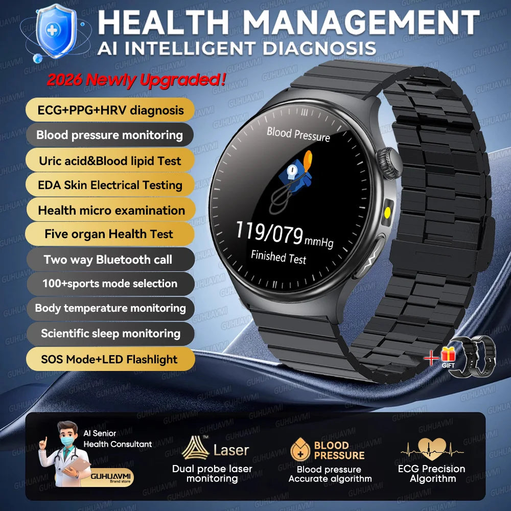 2026 New Micro Physical Examination Health SmartWatch Men ECG Uric Acid Lipids Blood Pressure BT Call Smartwatch For Android IOS