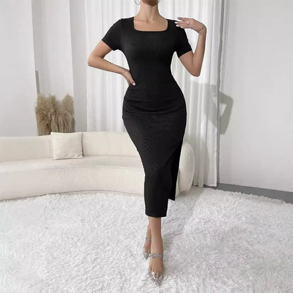 Slim Fit Square Neck Side Open Long Dress Sexy Solid Color Elegance Women&