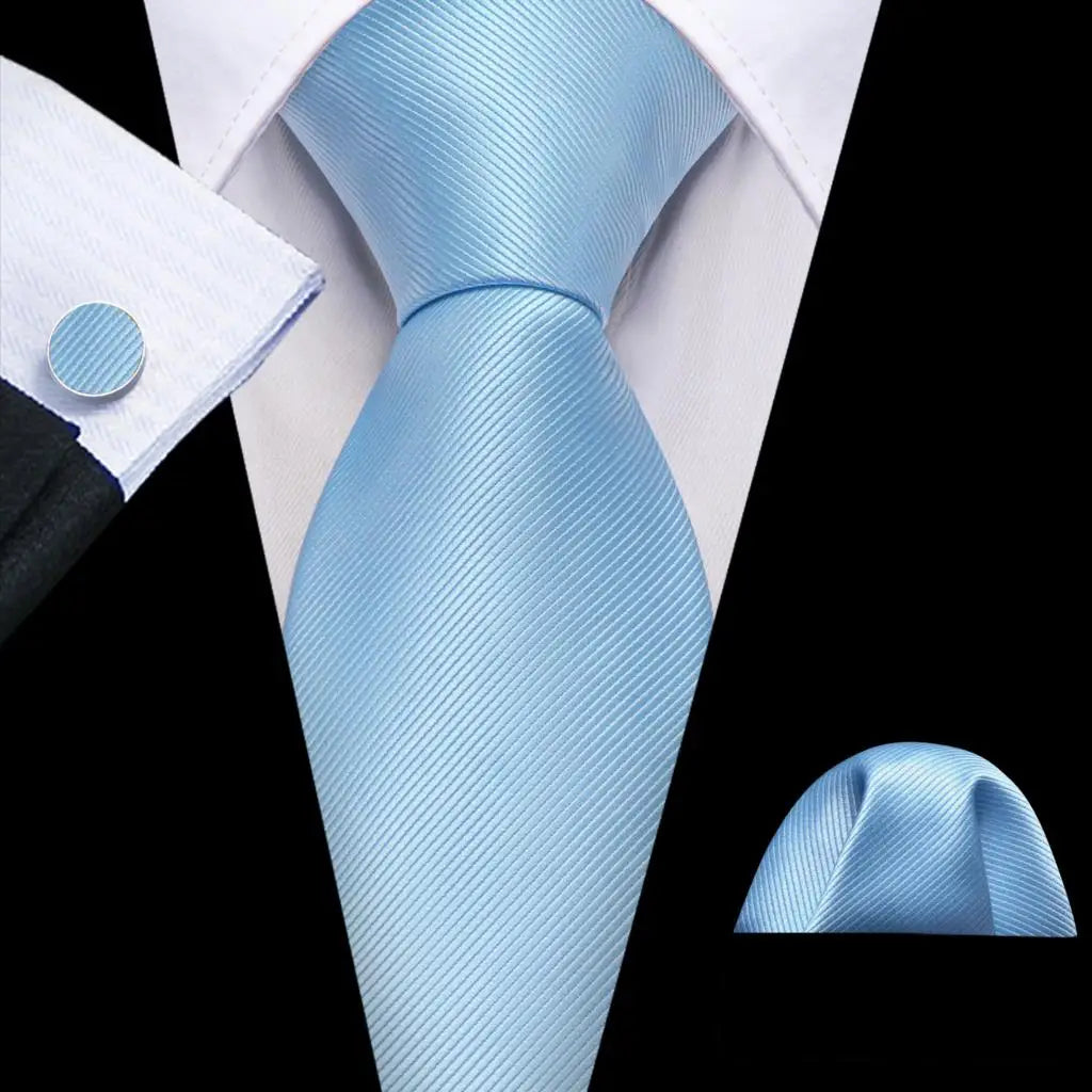 Barry.Wang Navy Royal Sky Blue Silk Men Tie Hanky Cufflinks Set Jacquard Teal Cyan Turquoise Necktie for Male Wedding Business