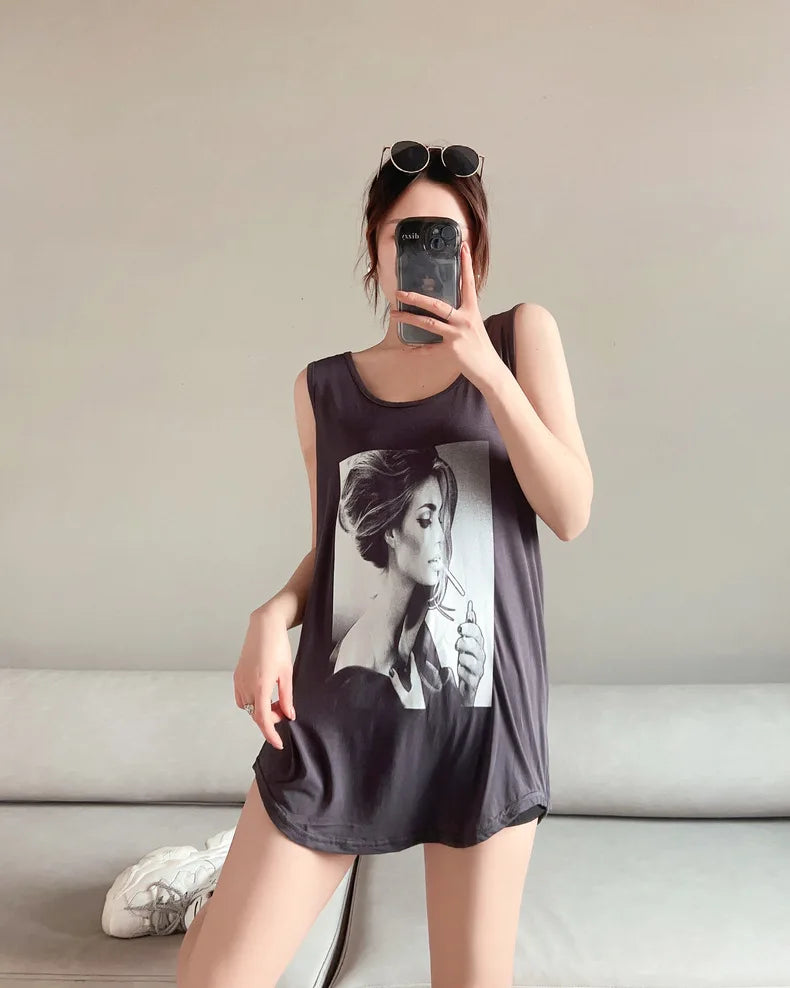 Women Long Tank Tops O-Neck Fashion Print Beauty&