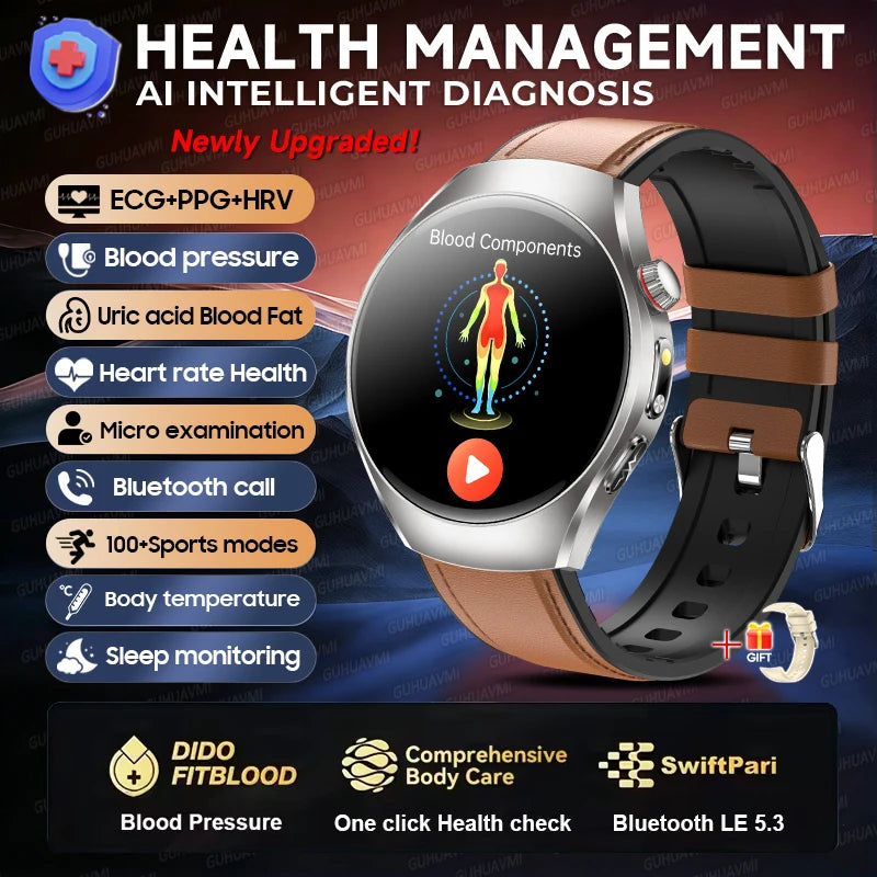 2026 New Accurate Body Health analysis Smart Watch Men ECG Blood lipids Uric acid Blood Pressure Body Fat Voice Call Smartwatch