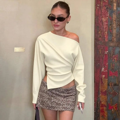 Talenza Women Casual Top Fashion Slim Slit Long Sleeve Pullover Top Sexy Strapless Pleated New Party Looks Top Female Streetwear