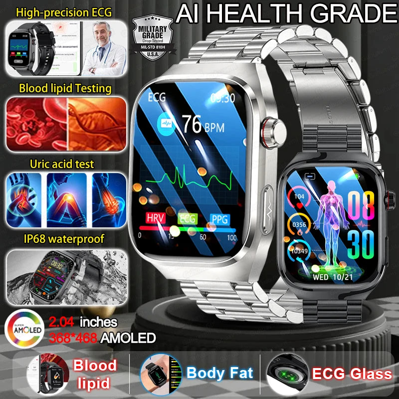2025 New Smart Watch 2.04-inch AMOLED Screen Bluetooth Call IP68 Waterproof 650mA Sports Smartwatches Men Android Military-Grade