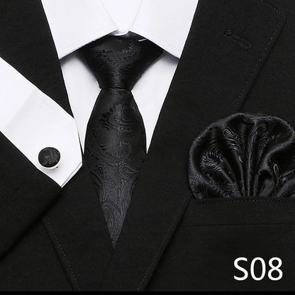 Men`s Tie Red Plaid print Jacquard Woven Tie Hanky Cufflinks Sets For Formal Wedding Business Party Free Postage