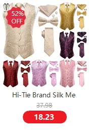 Hi-Tie Silk Mens Ascot Hanky Cufflinks Set Black Yellow White Paisley Cravat Tie Vest Dress Ascots Self Vintage Jacquard Woven
